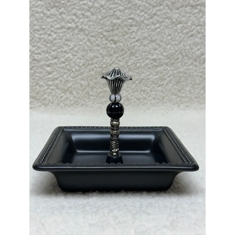 Mud Pie Trinket Candy Dish Black Beaded Ceramic Silver Spindle Glass Beads